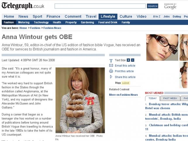 Anna Wintour, redaktor naczelna amerykańskiego wydania magazynu Vogue, otrzymała Order Imperium Brytyjskiego